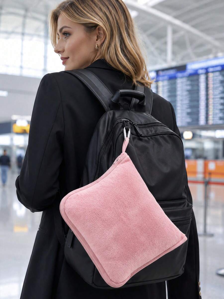 1pc 2-In-1 Travel Blanket Pillow, Soft Flannel Fleece Throw, Travel Blanket With Zipper Storage Bag, Luggage Handle Strap And Carabiner Clip, Lightweight All-Season, Suitable For Airplane, Office, Car, Train And Travel, 150*100cm, Airplane Neck Pillow, Travel Pillow For Flight, Travel Essential - Multicolor - View 1