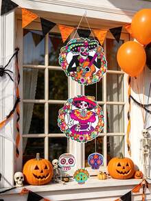 1 Set Day Of The Dead Sugar Skull Round Paper Hanging Decor, 2D Flat Colorful Floral Skull Wall Decoration, Suitable For Mexican Festival Celebration, Altar, Home And Party, Mexican Folk Art, Front Door Porch Home Decor, Halloween Party Supplies, Day Of The Dead - Multicolor - View 7
