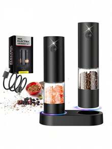 頂級 2 件組充電式電動鹽與胡椒研磨器套組，附充電底座，140ml 透明料倉，粗細可調，LED 燈，陶瓷研磨芯，頂部補料，節日入厝廚房禮物 - 彩色 - 查看 13
