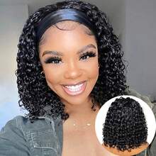 Curly Headband Wigs For Women,Headband Wig Deep Curly Wave Half Wigs Synthetic Glueless Short Natural Black Wig - Black# - 查看 1