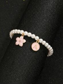 1pc Sweet Pink Flower & Initial Letters Charm Pearl Bracelet For Teengirls Summer Beach Street Party Outdoors Daily Wear For Anniversary & Birthday Gi - Pink - View 2