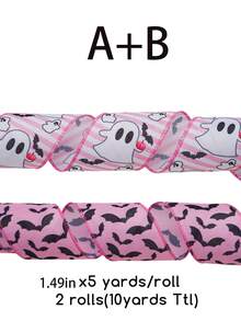 Pink Halloween String Ribbon 2 Rolls 1.47in Wide Total Length 10 Yards Soft Pink Style Girl's Style Halloween Ghost String Ribbon Creative Handmade Material Ribbon Bow. - Pink Halloween Ribbon - View 9