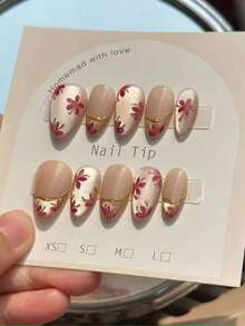 24pcs Handmade Reusable Full Coverage Nail Tips, Elegant Short Almond Shape Glossy Finish, Hand-Painted Pink Rose Red Floral With Shiny 3D Gold Outline Design, Natural Skin Tone Glossy Press-On Nails, Perfect Fit, Suitable For Women's Commuting And Daily Wear - Multicolor - View 2