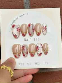 24pcs Handmade Reusable Full Coverage Nail Tips, Elegant Short Almond Shape Glossy Finish, Hand-Painted Pink Rose Red Floral With Shiny 3D Gold Outline Design, Natural Skin Tone Glossy Press-On Nails, Perfect Fit, Suitable For Women's Commuting And Daily Wear - Multicolor - View 5