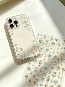 1pc/2pcs Fresh Bohemian Style Blue & Gold Heart Transparent PET Stickers, Featuring Vintage Elements Like Stars, Moons, Bows, And Magic Wands, Exquisite Gold Foil Lines, Thin And Transparent With No Residue After Removal, Suitable For Phone Cases, Water Bottles DIY, Gift Box Decoration, Versatile Patterns For Free Matching, Easily Create A Romantic Dreamy Exotic Atmosphere - Blue Gold Heart - View 1