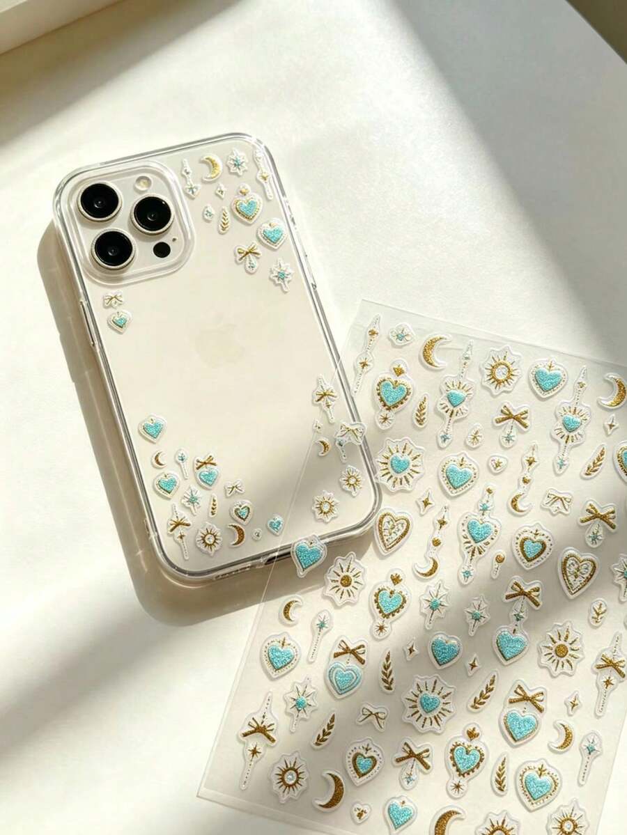 1pc/2pcs Fresh Bohemian Style Blue & Gold Heart Transparent PET Stickers, Featuring Vintage Elements Like Stars, Moons, Bows, And Magic Wands, Exquisite Gold Foil Lines, Thin And Transparent With No Residue After Removal, Suitable For Phone Cases, Water Bottles DIY, Gift Box Decoration, Versatile Patterns For Free Matching, Easily Create A Romantic Dreamy Exotic Atmosphere - Blue Gold Heart - View 1