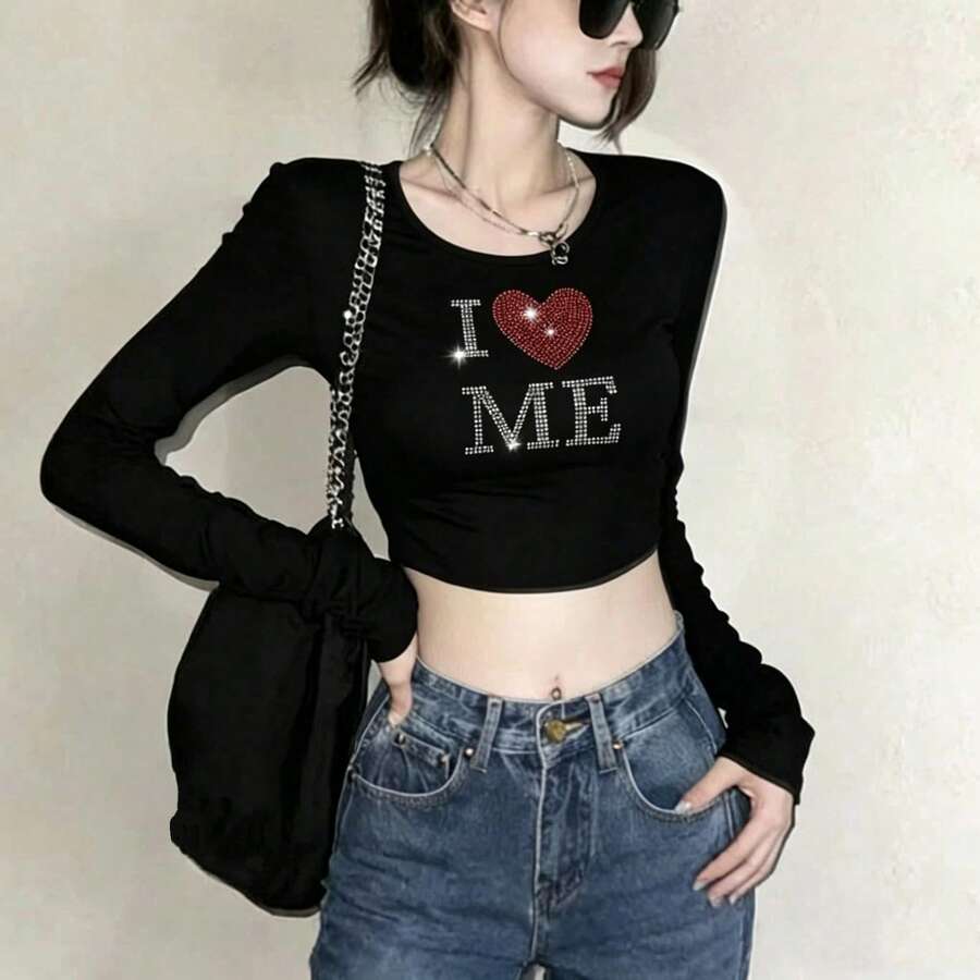黑色重工水鑽裝飾方領長袖T恤,甜辣風女款修身內搭打底上衣,時尚簡約短版上衣 - 黑色 - 查看 1