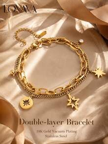 18K Gold Vacuum Plated Stainless Steel Double Layer Star Pendant Bracelet For Women, European And American Luxury Style, Oval Chain Round Charm Vintage Rhinestone Hand Jewelry, Suitable For Daily Commute, Party, Vacation, Gift - Gold - View 2