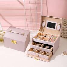 KYPHIREL Valentine's Day Travel Best-Seller 1pc Artificial PU Leather 3-Layer Drawer Jewelry Box, Luxury Earring & Jewelry Storage Box With Lock For Studs, Earrings And Jewelry - Multicolor - View 6