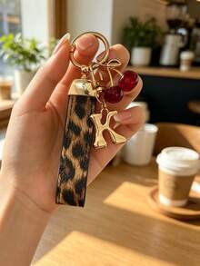 26 Letters To Choose From, Keychain Pendant, Creative Cherry Pendant, Leopard Print Pattern Key Strap, Car Keychain Pendant, Bag Decoration Pendant, Personalized Fashionable Key Matching. Key Accessories, Car Remote Control Decoration Pendant, Holiday Gift. - Letter - View 3