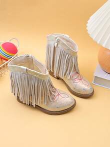 Girls' Kids' Short Mid-Calf Boots, Glitter Embroidered Tassel High Heel Western Boots, Color Block Round Toe Side Zipper - Beige - View 7