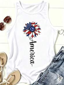 Women Sleeveless Tank Top, American Flag Daisy Patriotic Print Loose Vest, Casual White Summer Tops, 4th Of July Independence Day Daily Vacation - 白色6 - 查看 1