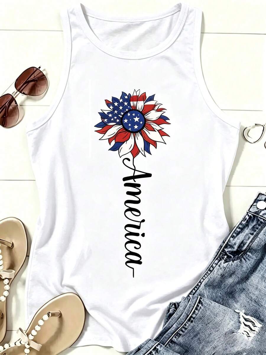 Women Sleeveless Tank Top, American Flag Daisy Patriotic Print Loose Vest, Casual White Summer Tops, 4th Of July Independence Day Daily Vacation - 白色6 - 查看 1