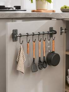 Drill-Free/Drillable Kitchen Hanging Hook Rack, Wall-Mounted Cookware Hanging Rack, Suitable For Pots, Spatulas And More, Space-Saving Kitchen Storage Organizer, Won't Damage Walls, Easy Installation, Saves Kitchen Space - Black - View 5