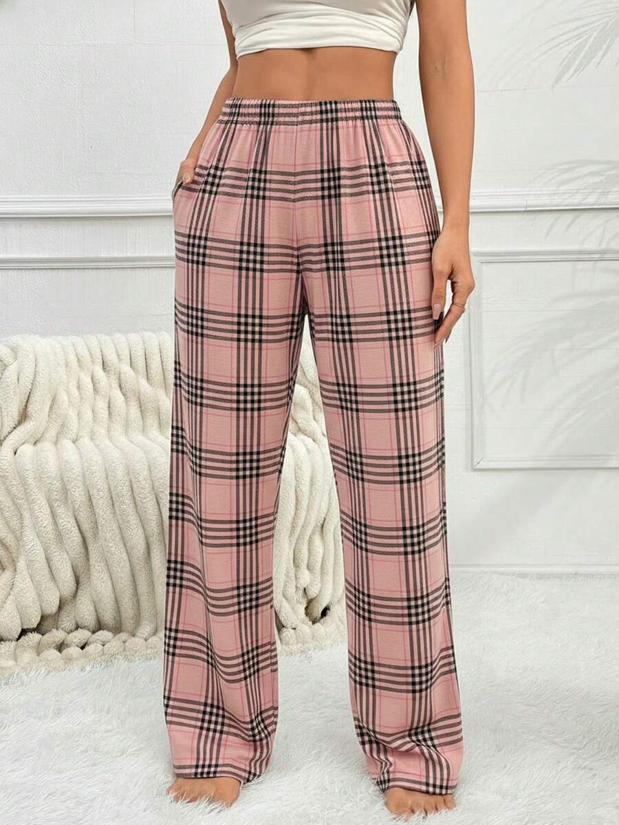 1pc Women's Plaid High Waist Elastic Waist Pants With Pockets, Loungewear Bottoms, Pajama Pants For Home And Outdoor Wear - Pink - View 1