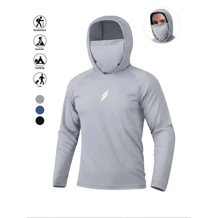 Conjunto de Sudadera con Capucha de Protección Solar para Hombre, Sudadera de Pesca con Máscara, Chaqueta de Pesca Casual Transpirable, Ropa Deportiva de Secado Rápido con Cubre Rostro, Equi - Negro - Añade 4