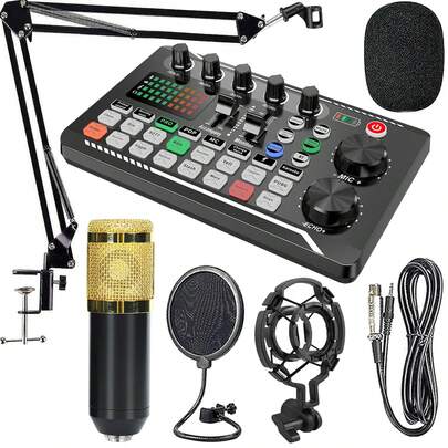 Professional Podcast Kit,BM800 Condenser Microphone + F998 Sound Card Kit,Suitable For Recording,Singing,Live Broadcasting And Gaming,Gaming Voice Chat,High-Quality Sampling,Home Use,Also An Ideal Gift For Birthday,Christmas,Thanksgiving,New Year