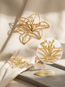 4pcs Elegant Golden Minimalist Hollow Flower Brooches, Line Art Rose Daisy Lily Pins For Backpack, Women Aesthetic Jewelry Accessories, Y2K - Gold - View 11
