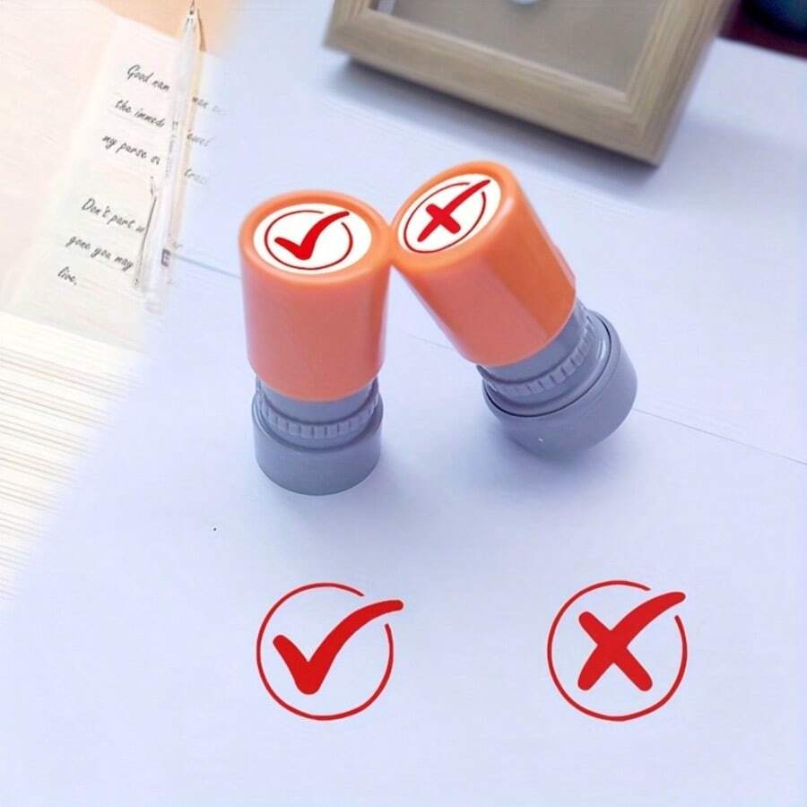 2PCS Correct/Incorrect Stamps, Random Shell Color Teacher Encouragement Stamps, Durable ABS Resin Round Stamps - Office Supplies - Teacher Tools - Portable Design, Suitable For Grading And Motivation Back To School, Halloween, Thanksgiving, Christmas - Multicolor - View 1