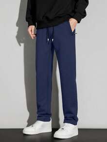 Men's Loose Comfortable Sweatpants, 1pc - Soft Zipper Pockets, Drawstring Waist, Solid Color All-Season Style, Suitable For Daily Casual Wear Sports - Navy Blue - View 6