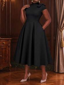 NOU Elegant Lady Style Bow Tie Small Stand Collar Cap Sleeve Short Sleeve A-Line Waist-Defining Mid-Length Dress For Women, Flattering Proportion, - Black - View 5