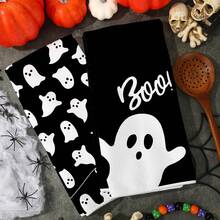 2 piezas de toallas de cocina decorativas de Halloween con estampado minimalista de fantasma sobre fondo negro, toallas de mano de microfibra superfina minimalista en blanco y negro, rectangulares con dobladillo, estampadas a una sola cara, para cocina, baño, mesa de comedor, casa de huéspedes, decoración suave de otoño y Halloween - Blanco y Negro - Ver 1