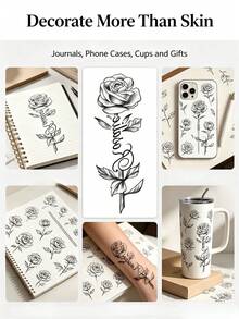 1pc Realistic Rose Dotwork English Tattoo Sticker, Shaded Rose + Handwritten Cursive Font Tattoo Sticker With Minimalist "Love" Short Phrase, Suitable For Camisole Outfit, Date, Portrait, Wear-Resistant Decorative Sticker - Multicolor - View 4