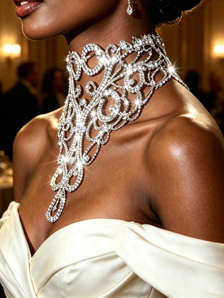 Bohemian Fashion Hollow Rhinestone Collarbone Necklace, Luxury Evening Party Women's Evening Dress Shiny Accessory - Silver - View 2