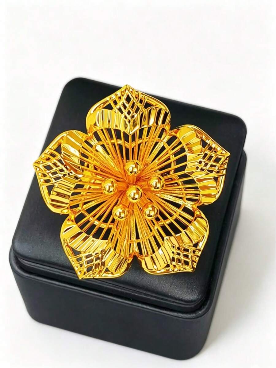 1pc Fashion Women's Gold-Plated Flower Ring, Index Finger Ring, Suitable For USA, UK, France, Middle East, Dubai, Africa, Saudi Arabia, Bridal Wedding Party Dress Accessory, Mother's Day, Valentine's Day, Wedding Season, Birthday, Holiday Gift, Open Copper Ring - Yellow Gold - View 1