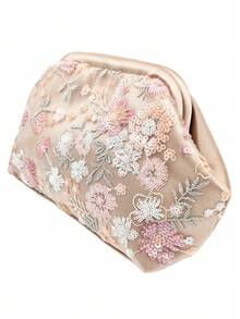 Tidet Ever Champagne Floral Sequin Mesh Clutch Bag, Luxury Evening Bag For Women, Suitable For Prom, Bridesmaid And Wedding Guest Formal Occasions - Champagne - View 3