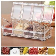 4 Pieces Clear Seasoning Box, Seasoning Rack Spice Pots, Storage Container Condiment Jars Acrylic Seasoning Box With Covers And Spoons For Spice, Sugar, Salt, Sugar, Cardamon, Cinnamon - Multicolor - View 1
