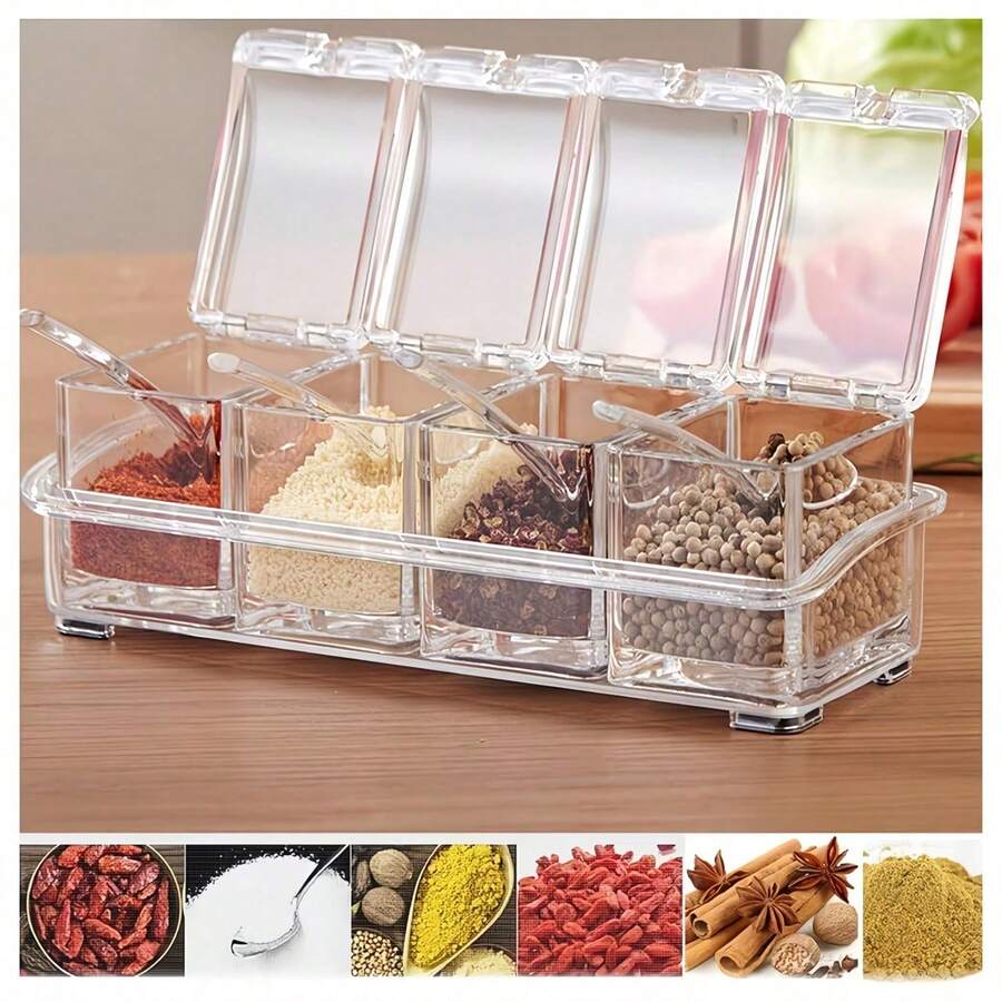 4 Pieces Clear Seasoning Box, Seasoning Rack Spice Pots, Storage Container Condiment Jars Acrylic Seasoning Box With Covers And Spoons For Spice, Sugar, Salt, Sugar, Cardamon, Cinnamon - Multicolor - View 1