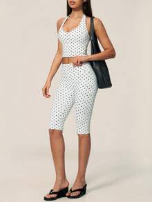 TimeOff Women's One Set Polka Dot Halter V-Neck Backless Tank Top & Bermuda Shorts Sports Set - White - View 10