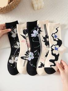 5 Pairs Elegant Ink Floral Pattern Women's Mid-Calf Socks, Non-Slip Comfortable, Suitable For All Seasons - View 4