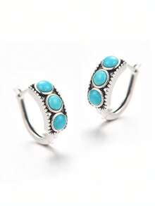 1 par de pendientes de aro vintage plateados de turquesa sintética, 3 pendientes en forma de C con piedra ovalada estilo western boho, joyería retro de vacaciones para mujer - Azul - Ver 1
