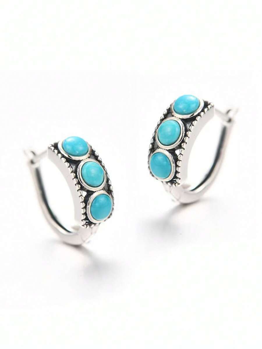 1 par de pendientes de aro vintage plateados de turquesa sintética, 3 pendientes en forma de C con piedra ovalada estilo western boho, joyería retro de vacaciones para mujer - Azul - Ver 1
