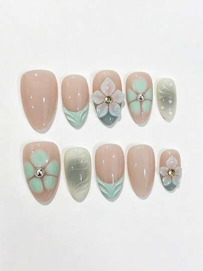 10pcs Pure Handmade Almond Press On Nails, Gentle Fresh Aesthetic Style,Mint Green Gradient, 3D Embossed Flower & Leaf Carving With Rhinestone For Women And Girl,Spring Summer Fall Winter Festivals Party And Daily Life Use
