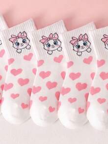 5 Pairs Kids Mid-Calf Socks, Cute Cartoon Cat & Pink Heart Pattern ...