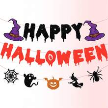3pcs Halloween Hanging Banner Decoration, Happy Halloween Garland With Witch Hat, Ghost, Spider Web, Pumpkin And Bat Patterns, Scary Party Supplies, Suitable For Home Door Wall Window Decoration, Cute Horror Theme Indoor Outdoor Holiday Decoration Accessories - View 6