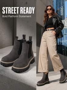 Autumn/Winter New Gray Suede Thick Sole Chelsea Ankle Boots, Slouchy Slip-On Design Height-Increasing Platform Boots, Wear-Resistant Non-Slip Rubber Sole Street Style Versatile Cylinder Boots - Grey - View 2