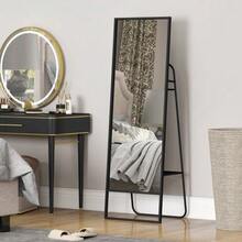 Full-Length Mirror, Industrial Design, Back Shelf, 2 Hooks, Metal Frame, For Bedroom, 157 X 50 Cm, Black - Black - View 7