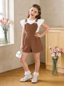 2pcs Toddler Girls Casual Outdoor Ribbed Flutter Sleeve Top & Corduroy Overalls Set, Medium-Thin, Spring/Summer - White - View 4
