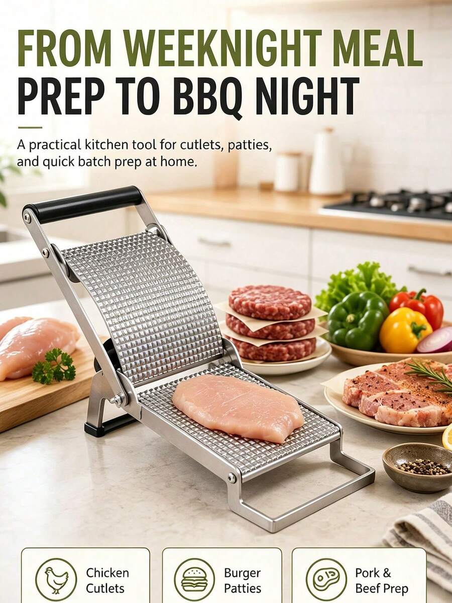 肉類壓製器-不鏽鋼手動肉類壓製器、不鏽鋼手動肉類嫩化器、夾式雞胸肉壓平器與肉餅製作器,家用廚房燒烤烹飪備餐工具,適用於牛肉、豬肉、牛排 - 彩色 - 查看 1