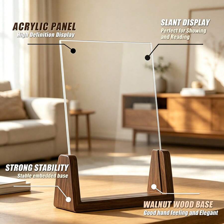 2pcs Acrylic Transparent Display Stand, Solid Wood U-Shaped Base Sign Holder, Horizontal And Vertical Detachable Slide-Out, Suitable For Pictures, Certificates, Various Displays, Promotional, Restaurant Menu, Documents, Photo Memorial, Office Or Desktop Display Stand, Home Decor, Certificate Display, Party Display - Multiple Specifications - View 1
