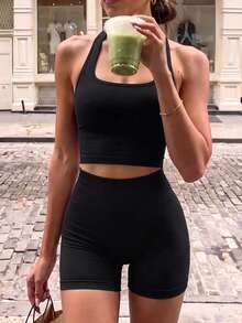 2pcs Tank Top & Shorts Set, Waist Shaping & Butt Lifting, Suitable For Yoga, Outdoor, Gym - Black - View 6