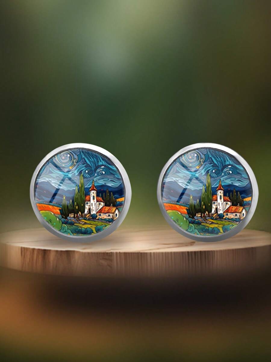 1 Pair Artistic Vintage Style Starry Night Town Pattern With 316 Stainless Steel Round Stud Earrings Suitable For Women's Daily Wear - Green - View 1