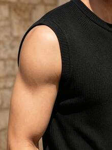 ALTZTAR Men's Knitted Sleeveless Ribbed Henley Neck Tank Top - Black - View 5