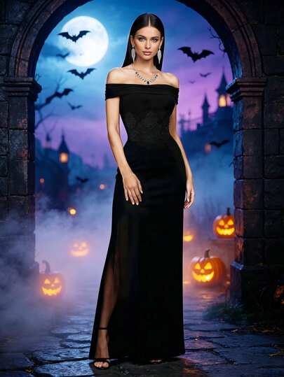 HOMEYEE Halloween Women's Black Fashion Off-Shoulder Long Dress With Waist Embroidery, Sexy Sheer Mesh Patchwork, Elegant Party Formal Evening Gown