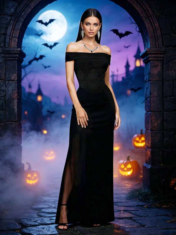 HOMEYEE Halloween Women's Black Fashion Off-Shoulder Long Dress With Waist Embroidery, Sexy Sheer Mesh Patchwork, Elegant Party Formal Evening Gown