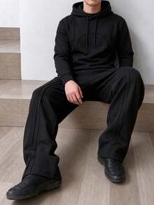 HEYKESON Men's Casual 2 Pieces Set, Curved Contrast Stitch Hooded Sweatshirt With Drawstring Hood And Wide Leg Elastic Waist Sweatpants, Daily Streetwear Outfit - Black - View 7